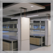 Cleveland Center for Membrane and Structural Biology: Rows of modular casework with suspended ceiling and endcap whiteboards.